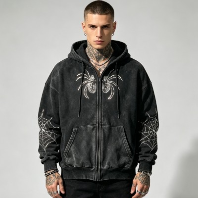 Washed Vintage Rhinestone Spider Web Zip Hoodie | Cotton Blend | Oversized Fit | Custom Streetwear Manufacturer
