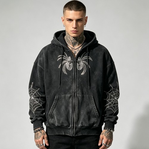Washed Vintage Rhinestone Spider Web Zip Hoodie | Cotton Blend | Oversized Fit | Custom Streetwear Manufacturer