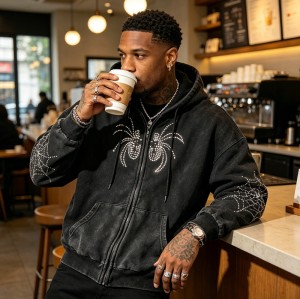 Washed Vintage Rhinestone Spider Web Zip Hoodie | Cotton Blend | Oversized Fit | Custom Streetwear Manufacturer