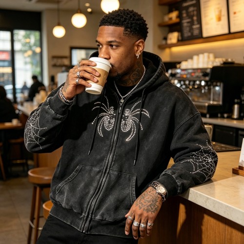 Washed Vintage Rhinestone Spider Web Zip Hoodie | Cotton Blend | Oversized Fit | Custom Streetwear Manufacturer