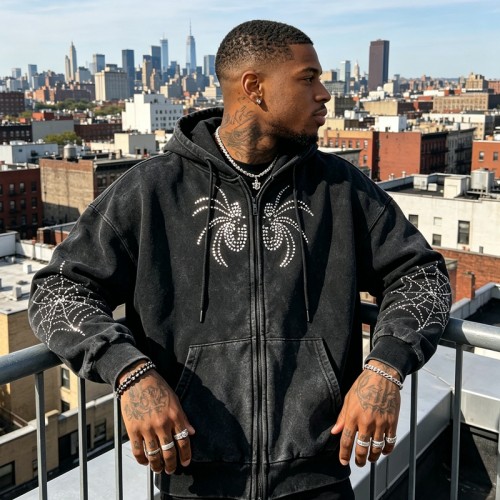 Washed Vintage Rhinestone Spider Web Zip Hoodie | Cotton Blend | Oversized Fit | Custom Streetwear Manufacturer