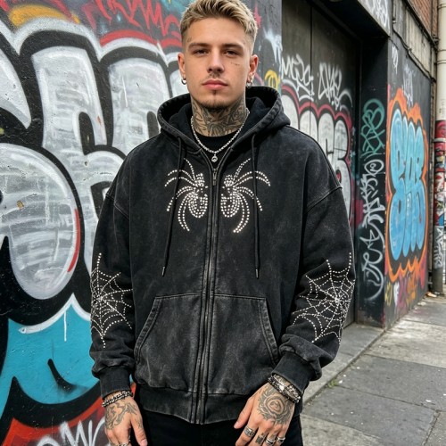 Washed Vintage Rhinestone Spider Web Zip Hoodie | Cotton Blend | Oversized Fit | Custom Streetwear Manufacturer