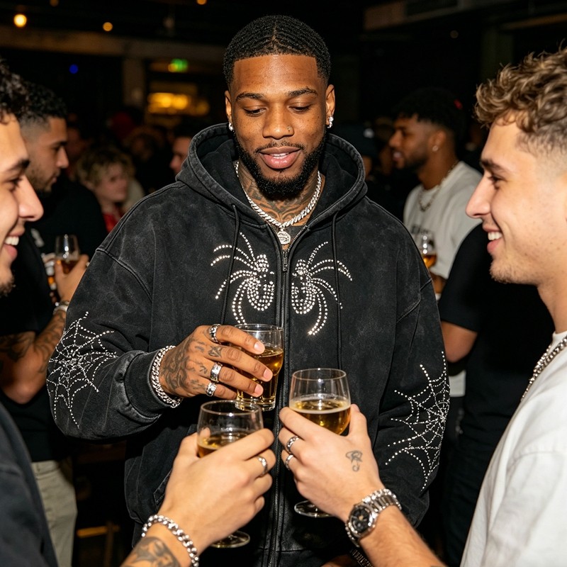 Washed Vintage Rhinestone Spider Web Zip Hoodie