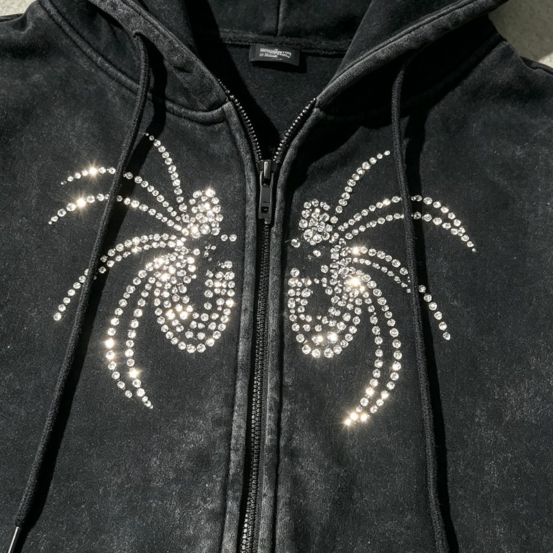 Washed Vintage Rhinestone Spider Web Zip Hoodie
