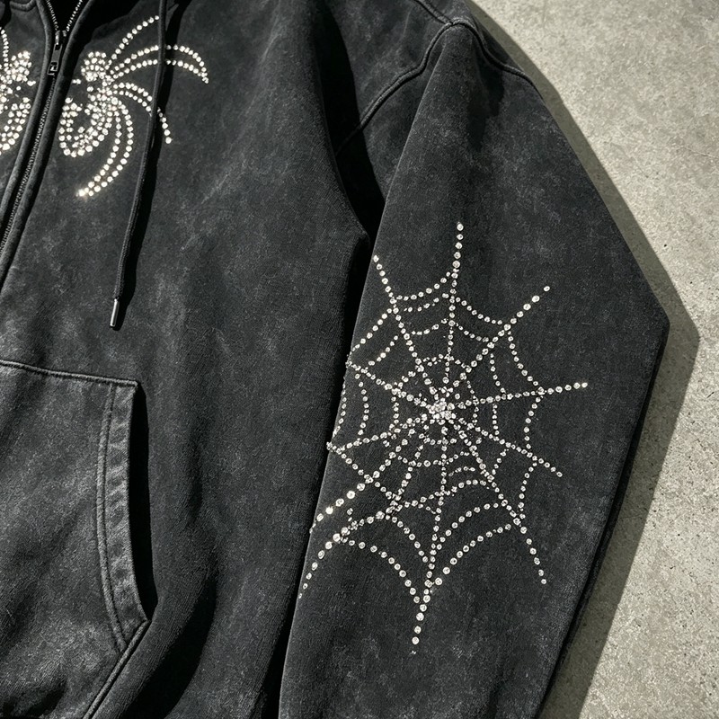 Washed Vintage Rhinestone Spider Web Zip Hoodie