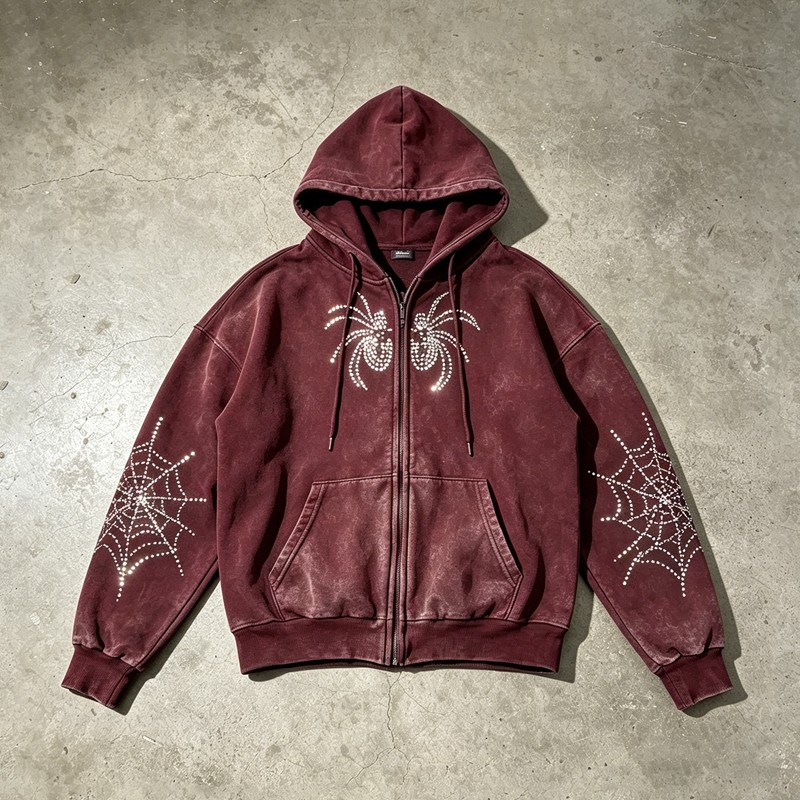 Washed Vintage Rhinestone Spider Web Zip Hoodie