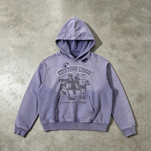 Vintage Washed Sun Faded DTG Print Hoodie | Raw Edge Applique Embroidery | 100% Cotton | Custom Streetwear Manufacturer
