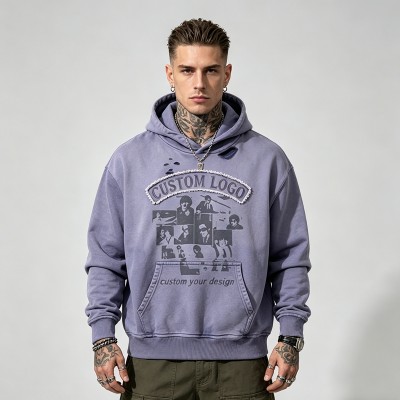 Vintage Washed Sun Faded DTG Print Hoodie | Raw Edge Applique Embroidery | 100% Cotton | Custom Streetwear Manufacturer