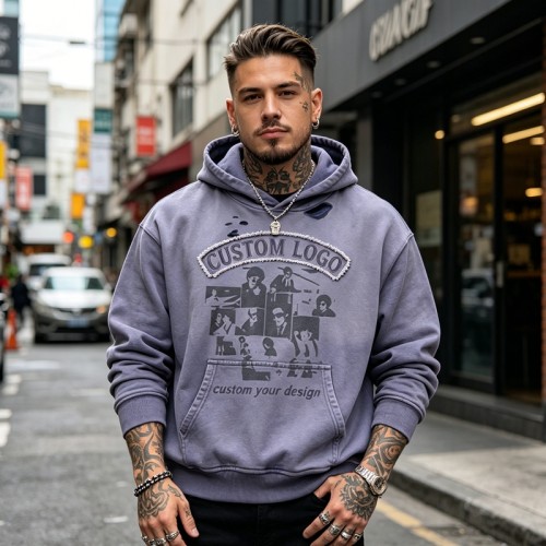 Vintage Washed Sun Faded DTG Print Hoodie | Raw Edge Applique Embroidery | 100% Cotton | Custom Streetwear Manufacturer