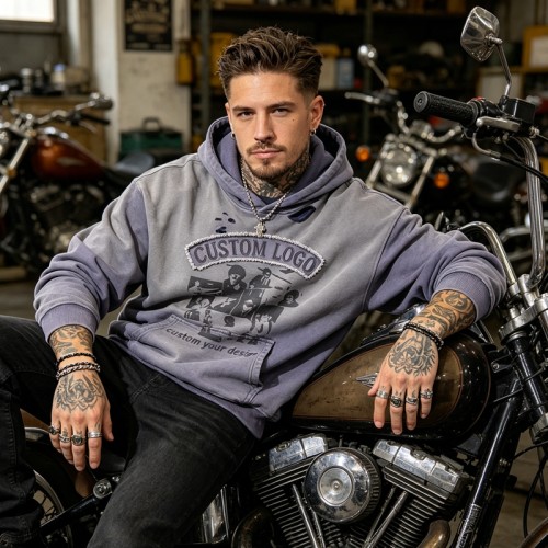 Vintage Washed Sun Faded DTG Print Hoodie | Raw Edge Applique Embroidery | 100% Cotton | Custom Streetwear Manufacturer