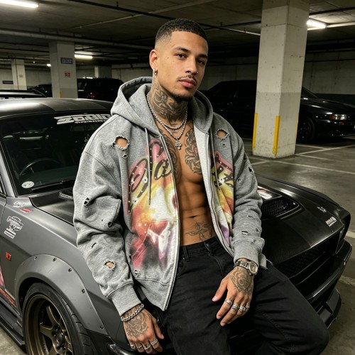 Men's DTG Print Rhinestone Hoodie | Distressed Washed and Ripped | 100% Cotton | Custom Streetwear