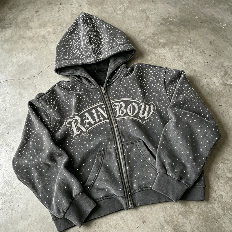 Vintage Washed Rhinestone Embroidered Zip Hoodie