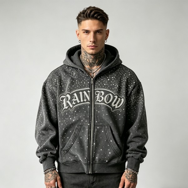 Vintage Washed Rhinestone Embroidered Zip Hoodie | 100% Cotton | Custom Streetwear Manufacturer