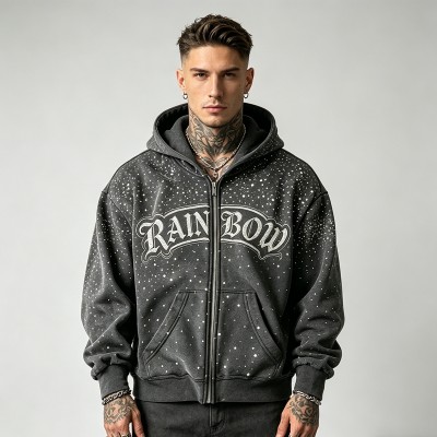 Vintage Washed Rhinestone Embroidered Zip Hoodie | 100% Cotton | Custom Streetwear Manufacturer