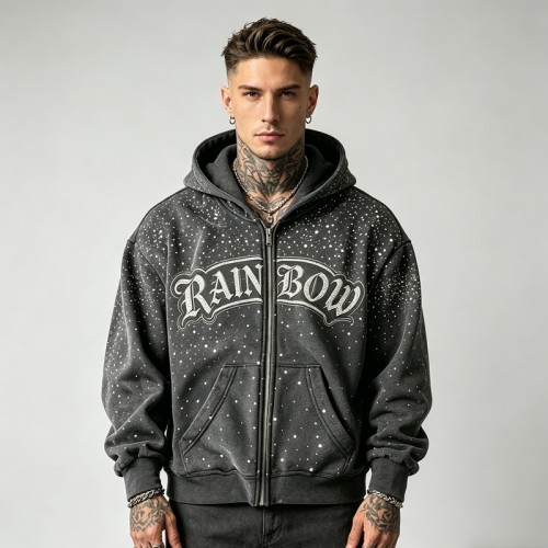 Vintage Washed Rhinestone Embroidered Zip Hoodie | 100% Cotton | Custom Streetwear Manufacturer