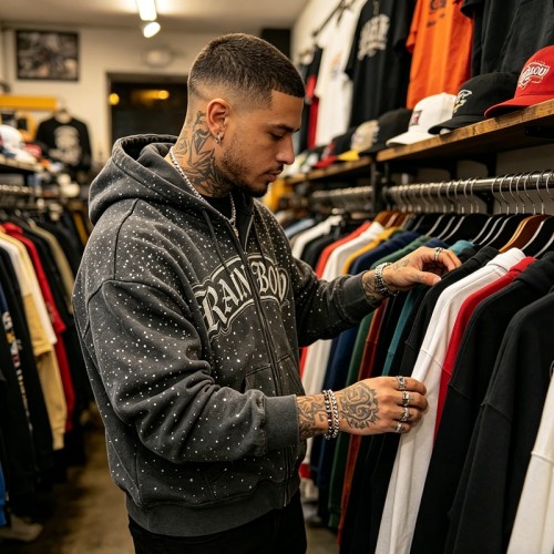 Vintage Washed Rhinestone Embroidered Zip Hoodie | 100% Cotton | Custom Streetwear Manufacturer