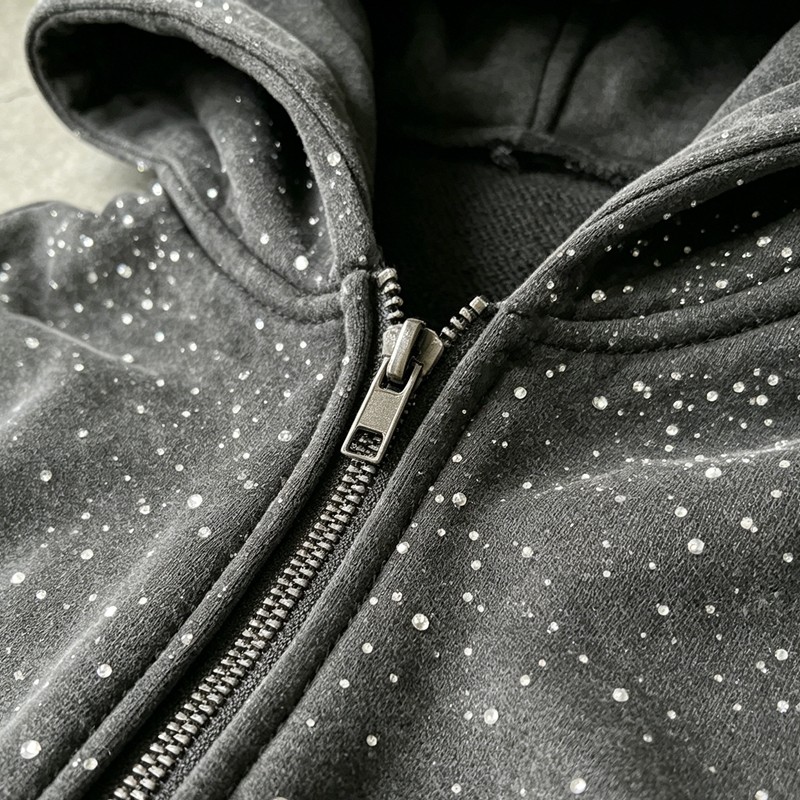 Vintage Washed Rhinestone Embroidered Zip Hoodie