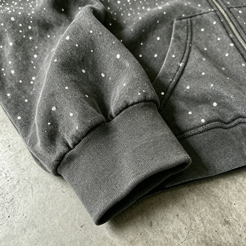 Vintage Washed Rhinestone Embroidered Zip Hoodie