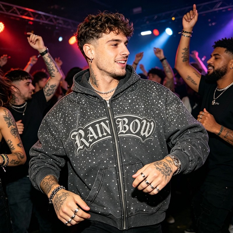 Vintage Washed Rhinestone Embroidered Zip Hoodie