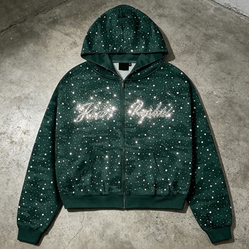 Digital Print Camo Rhinestone Zip Up Hoodie