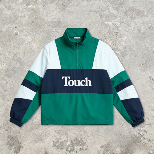 Men's Applique Patchwork Quarter Zip Windbreaker Jacket | Water-Resistant Lightweight Streetwear | Clothing Manufacturer