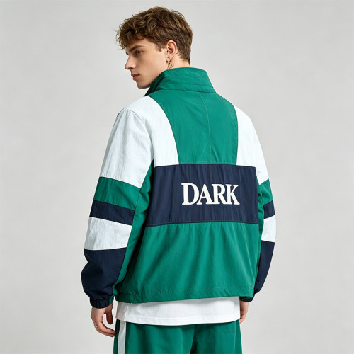 Men's Applique Patchwork Quarter Zip Windbreaker Jacket | Water-Resistant Lightweight Streetwear | Clothing Manufacturer