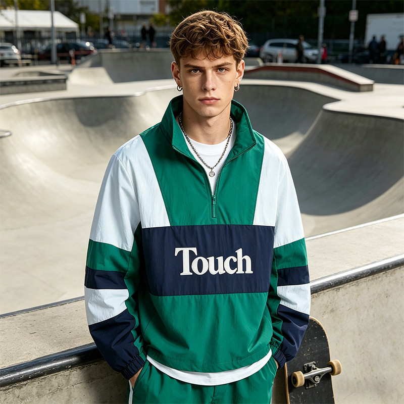 Men's Applique Patchwork Quarter Zip Windbreaker Jacket