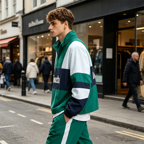 Men's Applique Patchwork Quarter Zip Windbreaker Jacket | Water-Resistant Lightweight Streetwear | Clothing Manufacturer