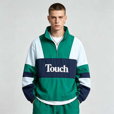 Men's Applique Patchwork Quarter Zip Windbreaker Jacket | Water-Resistant Lightweight Streetwear | Clothing Manufacturer