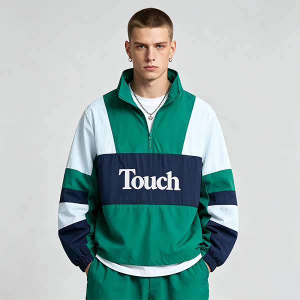 Men's Applique Patchwork Quarter Zip Windbreaker Jacket | Water-Resistant Lightweight Streetwear | Clothing Manufacturer