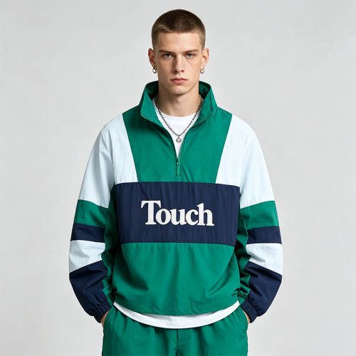 Men's Applique Patchwork Quarter Zip Windbreaker Jacket | Water-Resistant Lightweight Streetwear | Clothing Manufacturer