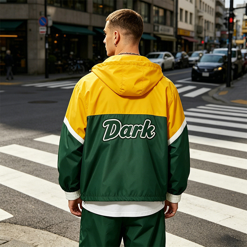 Color Block Jacket with Towel Embroidery and Applique