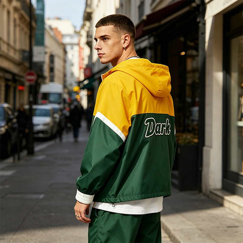 Color Block Jacket with Towel Embroidery and Applique