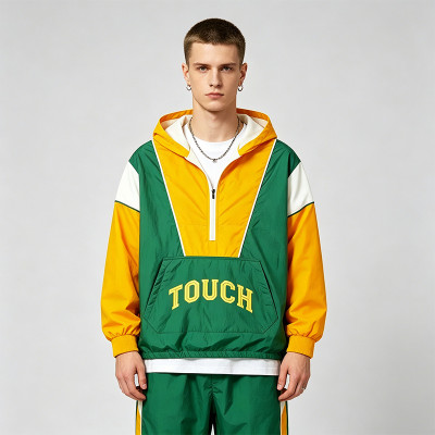 Screen Printing Patchwork Windbreaker Jacket | Water-Resistant Nylon | Quarter-Zip Hooded | OEM Streetwear