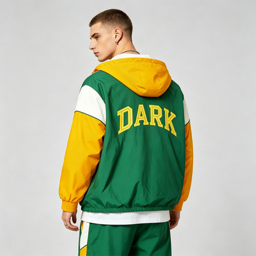 Screen Printing Patchwork Windbreaker Jacket | Water-Resistant Nylon | Quarter-Zip Hooded | OEM Streetwear