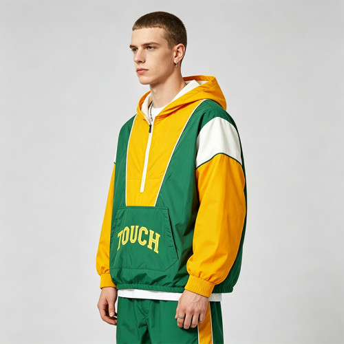 Screen Printing Patchwork Windbreaker Jacket | Water-Resistant Nylon | Quarter-Zip Hooded | OEM Streetwear