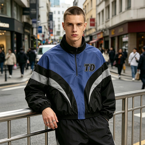 Men's Applique Patchwork Quarter-Zip Windbreaker | Water-Resistant | Lightweight Streetwear | Clothing Manufacturer