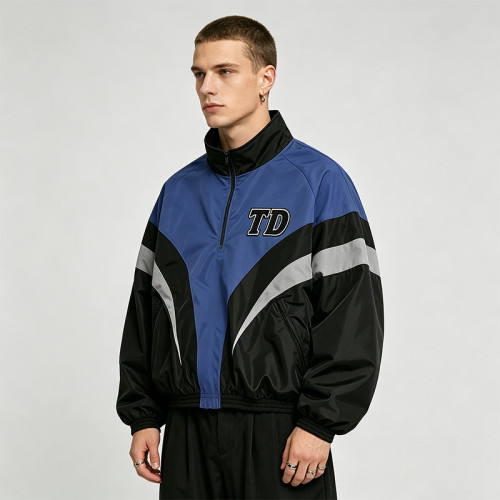 Men's Applique Patchwork Quarter-Zip Windbreaker | Water-Resistant | Lightweight Streetwear | Clothing Manufacturer