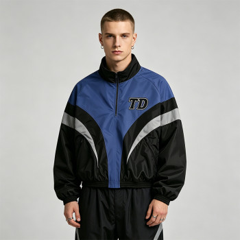 Men's Applique Patchwork Quarter-Zip Windbreaker | Water-Resistant | Lightweight Streetwear | Clothing Manufacturer