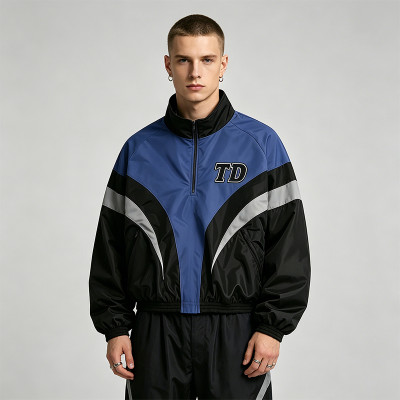 Men's Applique Patchwork Quarter-Zip Windbreaker | Water-Resistant | Lightweight Streetwear | Clothing Manufacturer
