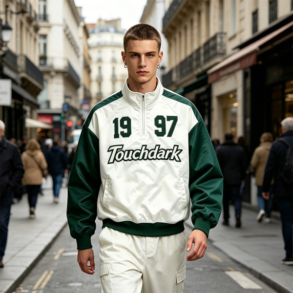 1997 Patchwork Applique Track Jacket | Water Resistant | Quarter-Zip Windbreaker | Casual Sportswear | OEM Streetwear