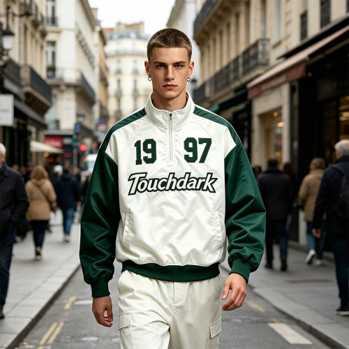 1997 Patchwork Applique Track Jacket | Water Resistant | Quarter-Zip Windbreaker | Casual Sportswear | OEM Streetwear