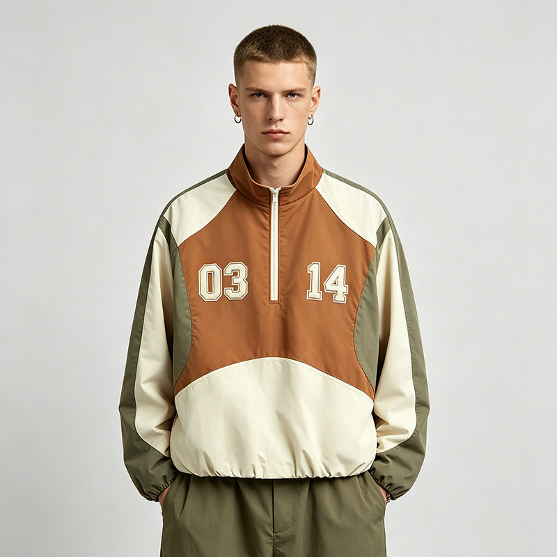 Patchwork Applique Quarter-Zip Streetwear Jacket