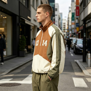 Patchwork Applique Quarter-Zip Streetwear Jacket | Water Resistant Polyester | Color Block | Custom Streetwear