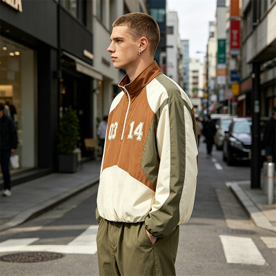Patchwork Applique Quarter-Zip Streetwear Jacket | Water Resistant Polyester | Color Block | Custom Streetwear