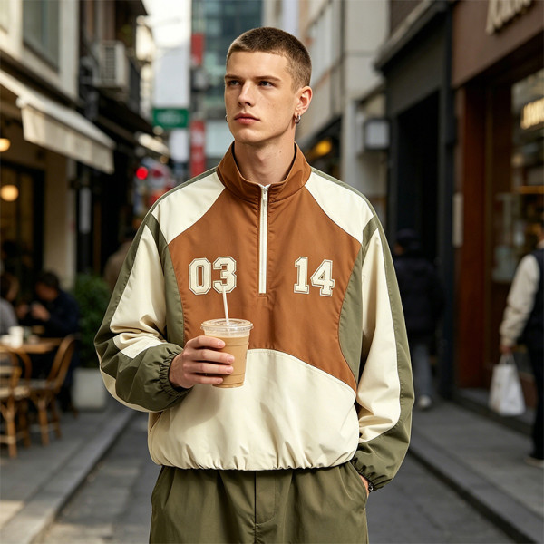 Patchwork Applique Quarter-Zip Streetwear Jacket | Water Resistant Polyester | Color Block | Custom Streetwear