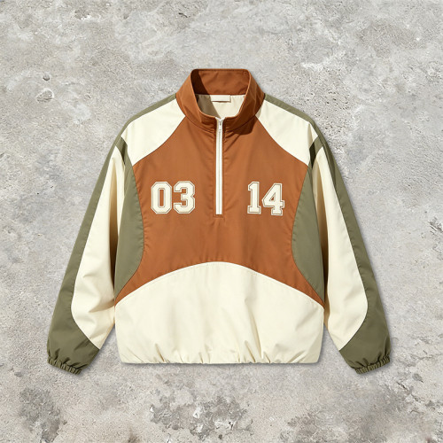 Patchwork Applique Quarter-Zip Streetwear Jacket | Water Resistant Polyester | Color Block | Custom Streetwear