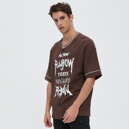 Waffle Knit Printed Open-Front Baseball T-Shirt | Brown Cotton | Streetwear Casual | Clothing Manufacturer
