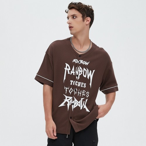 Waffle Knit Printed Open-Front Baseball T-Shirt | Brown Cotton | Streetwear Casual | Clothing Manufacturer
