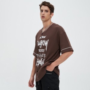 Waffle Knit Printed Open-Front Baseball T-Shirt | Brown Cotton | Streetwear Casual | Clothing Manufacturer